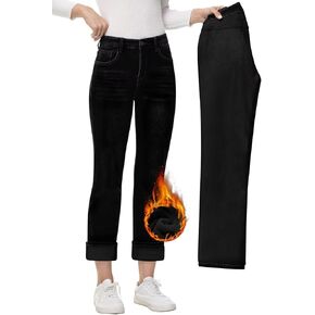 AMRSPENG Women's Fleece Lined Jeans Women Straight Leg Jeans Winter High Waisted Fleece Lined Denim Pants