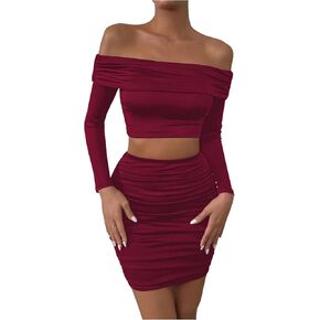 MakeMeChic Women's Two Piece Outfits Off Shoulder Crop Top and Ruched Slim Fitted Skirt Sets