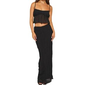 Two Piece Dress Sets for Women Sexy Spaghetti Strap Ruffle Mesh Cami Tops Bodycon Long Maxi Skirt Set