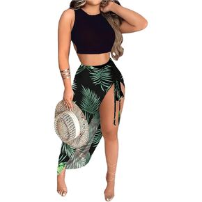 SHENHE Women's 2 Piece Outfits Boho Skirt Sets Tie Back Cropped Tank Top and Slit Maxi Skirt