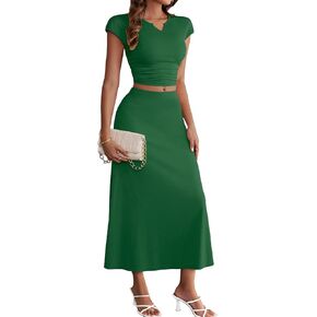 HELYO Women's Casual Sets 2 Piece Outfits Summer Dressy Cap Sleeve V Neck Crop Top High Waist Midi Skirt Set 637