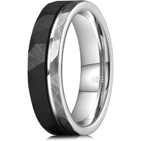THREE KEYS JEWELRY Tungsten Wedding Rings Multi-faceted Hammered 6mm Silver and Black Plated Bands for Men Women