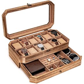 Watch Case for Men, 12 Slot Large Capacity Watch Box for Men, 2 Tier Solid Wooden Watch Holder Organizer for Men, Mens Jewelry Box With Drawer, Father's Day Birthday Gifts for Men