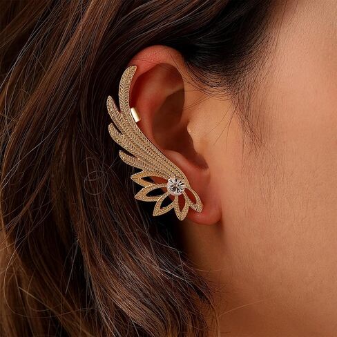 Vintage Exaggerated metal Rhinestones Golden Wing Ear Clip Cuff Earrings for Women Prom Jewelry Gift in Saudi Arabia