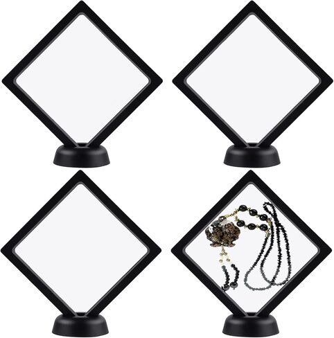 4Pcs 3D Floating Frame Display Holder Stands, Black Coins Display Frame for Ring Necklace Bracelet Earring Military Coin Challenge Coin, 4.33x4.33 inch in Kuwait