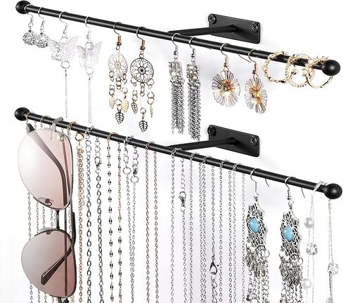 Wall Hanging Jewelry Organizer: 13.7'' Necklace Holder for Earring, Bracelet, Rings, Hairband, Glasses, Black 2-Pack, Screws Included in Saudi Arabia