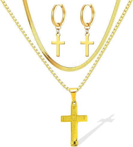 LOVOMEY Elegant Diamond Cross Necklace, Dainty 18k Gold Cross Necklace Set with AAAA Cubic Zirconia Pendant, Includes 2 Gold Chains and 1 Pairs of Gold Cross Earrings in Kuwait
