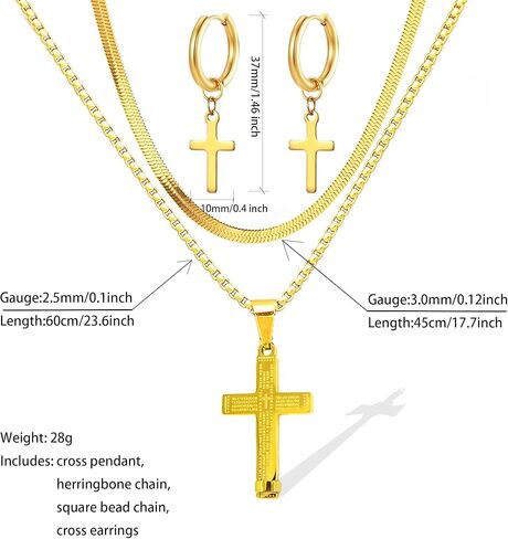 LOVOMEY Elegant Diamond Cross Necklace, Dainty 18k Gold Cross Necklace Set with AAAA Cubic Zirconia Pendant, Includes 2 Gold Chains and 1 Pairs of Gold Cross Earrings in Kuwait