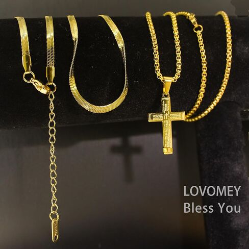 LOVOMEY Elegant Diamond Cross Necklace, Dainty 18k Gold Cross Necklace Set with AAAA Cubic Zirconia Pendant, Includes 2 Gold Chains and 1 Pairs of Gold Cross Earrings in Kuwait