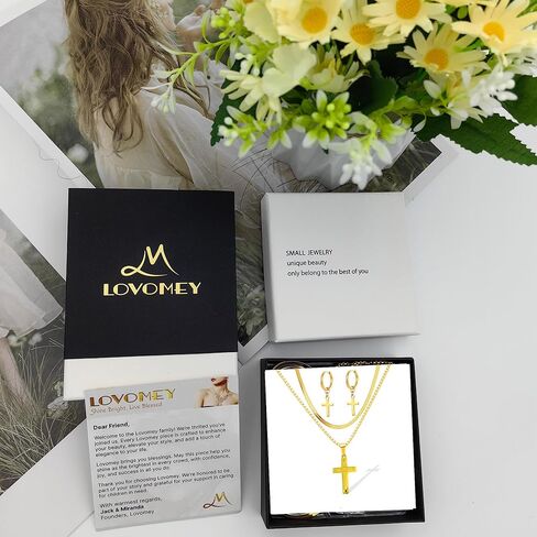 LOVOMEY Elegant Diamond Cross Necklace, Dainty 18k Gold Cross Necklace Set with AAAA Cubic Zirconia Pendant, Includes 2 Gold Chains and 1 Pairs of Gold Cross Earrings in Kuwait