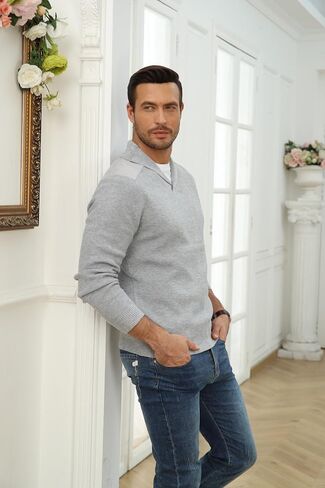 Fashion Sweater for Men Long Sleeve Solid Color V Neck Knitted Pullover Casaul Fitted Sports Polo Sweatershirts in Saudi Arabia