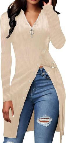 Women's Long Sleeve Tops Sexy Side Split Tunic Zip Up V Neck Asymmetric Hem Slim Ribbed Longline Shirts Blouses in Kuwait
