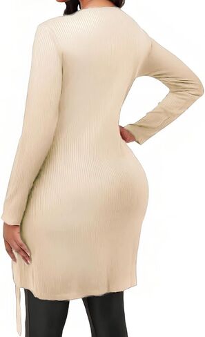 Women's Long Sleeve Tops Sexy Side Split Tunic Zip Up V Neck Asymmetric Hem Slim Ribbed Longline Shirts Blouses in Kuwait