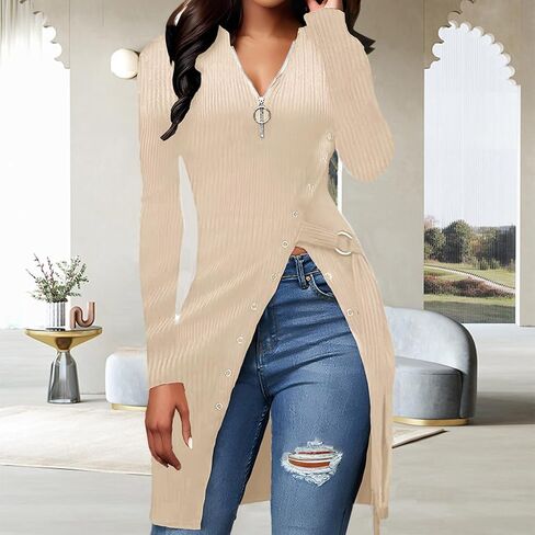 Women's Long Sleeve Tops Sexy Side Split Tunic Zip Up V Neck Asymmetric Hem Slim Ribbed Longline Shirts Blouses in Kuwait