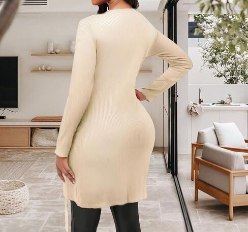 Women's Long Sleeve Tops Sexy Side Split Tunic Zip Up V Neck Asymmetric Hem Slim Ribbed Longline Shirts Blouses in Kuwait