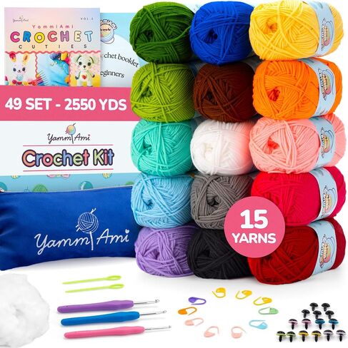 مجموعة كروشيه YammiAmi للمبتدئين - إجمالي 2550 ياردة - 15 خصلة غزل بلون واحد 60 جم، حقيبة، 3 خطافات كروشيه مطاطية 3-5 مم، 2 إبرة بلاستيكية، 10 علامات غرز، كتاب أميجورومي، العيون والأنف in Saudi Arabia