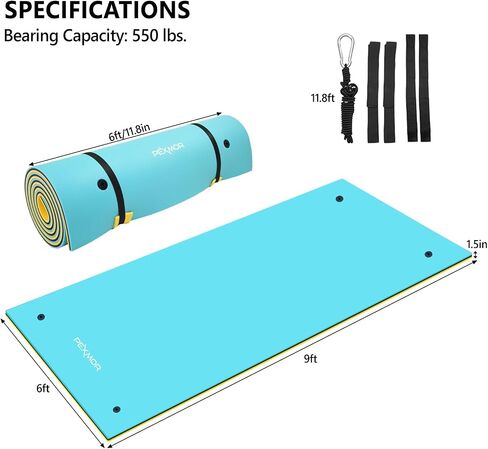 PEXMOR Floating Water Mat, 9/12/18 x 6 FT Floating Pad for The Water, 3-Layer XPE Foam Water Floating Island w/Bungee Tether & Storage Straps for Lake Pool Beach River in Saudi Arabia