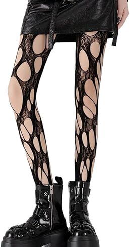 جوارب طويلة ممزقة من شبكة صيد السمك جوارب شبكية بفتحات غير منتظمة للنساء Y2k جوارب طويلة شفافة من الدانتيل جوارب شبكية in Kuwait