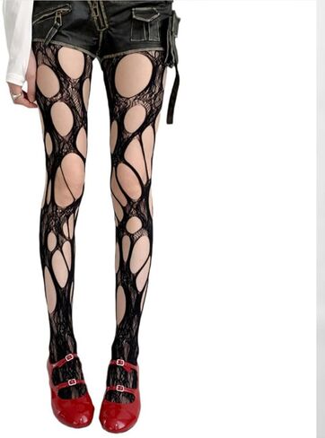 جوارب طويلة ممزقة من شبكة صيد السمك جوارب شبكية بفتحات غير منتظمة للنساء Y2k جوارب طويلة شفافة من الدانتيل جوارب شبكية in Kuwait