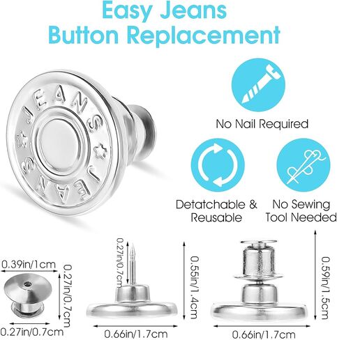 12 Set Button Pins for Jeans, No Sew Jeans Button Replacement, Pants Button Tightener for Waist, Jean Buttons for Loose Jeans Reusable and Adjustable in Saudi Arabia