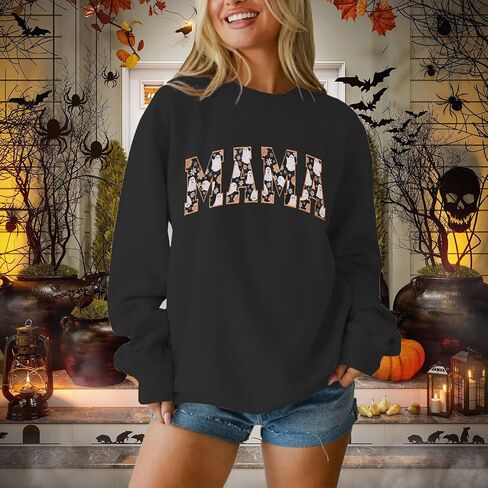 BOUTIKOME Halloween Mama Sweatshirt Womens Ghost Graphic Crewneck Shirts Long Sleeve Pullover Spooky Season Oversized Tops in Saudi Arabia