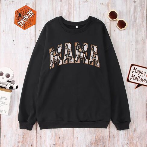 BOUTIKOME Halloween Mama Sweatshirt Womens Ghost Graphic Crewneck Shirts Long Sleeve Pullover Spooky Season Oversized Tops in Saudi Arabia