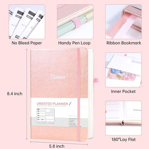 CAGIE Undated Planner Weekly and Monthly Planner with Inner Pocket Leather journal with Goal & Habit Tracker Organizer, Hardcover Weekly Monthly Planner for Work School Home, 5.7" x 8.3", Gold in Saudi Arabia