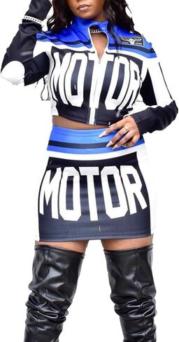 Molilove Women's 2 Piece Outfits Zipper Jacket High Waist Bodycon Mini Skirt Set Motorcycle Varsity Jacket Coat Streetwear in Kuwait