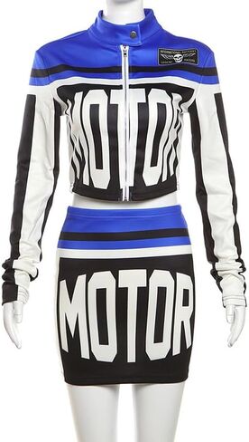 Molilove Women's 2 Piece Outfits Zipper Jacket High Waist Bodycon Mini Skirt Set Motorcycle Varsity Jacket Coat Streetwear in Kuwait