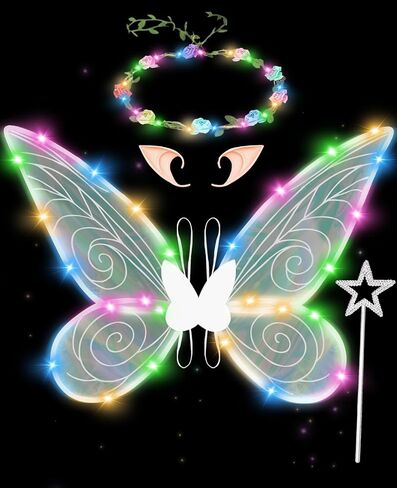 Fairy Wings for Adults Women Light UP Butterfly Costume with Elf Ears for Girls Halloween LED Dress Up Cosplay Angel Wings Party Favor White in Saudi Arabia