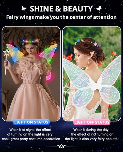 Fairy Wings for Adults Women Light UP Butterfly Costume with Elf Ears for Girls Halloween LED Dress Up Cosplay Angel Wings Party Favor White in Saudi Arabia