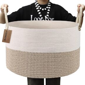 سلة MXMHOME كبيرة من الحبال القطنية، مقاس 23.6 بوصة × 23.6 بوصة × 14.1 بوصة، لتخزين بطانية غرفة المعيشة المنسوجة للأطفال مع مقبض، سلة حضانة، سلة تخزين ألعاب ناعمة، وسائد مريحة، سلة خيط in Kuwait