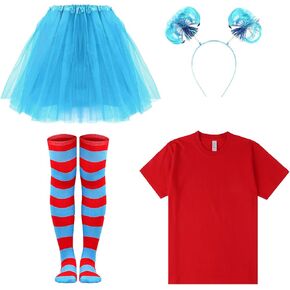 Women Tulle Tutu Costume Accessories Set, Women T Shirt Striped Thigh High Sock Adult Headband for Halloween/Cosplay