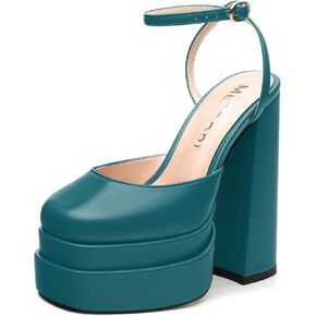 MERRORI Platform Heels for Women Closed Round Toe 5.9-Inch High Chunky Block Heel Pumps Ankle Strap Slingback Wedding Party Dress Shoes