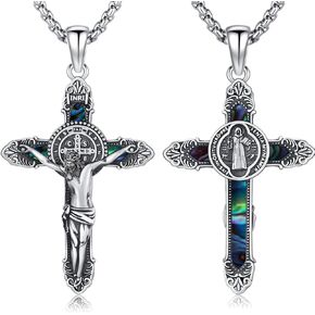 Saint Benedict Crucifix Necklace 925 Sterling Silver St Benedict Cross Medal Necklace, San Benito Jesus Crucifix Pendant Amulet Religious Jewelry for Men with 22 in Chain