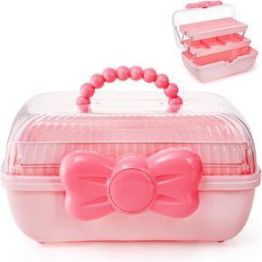 11" Three-Layer Multipurpose Storage Box, Clear Plastic Art Craft Organizer, Portable First Aids Case with Handle Trays for Kids, Sewing Makeup Nail Hair Accessories, Home School Office(Pink)