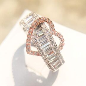 AZQ 925 Sterling Silver Shiny Full Diamond Ring 18K Rose Gold Heart-Shaped Cubic Zirconia Rings CZ Heart Diamond Ring Eternity Engagement Wedding Band Ring for Women TZ.5