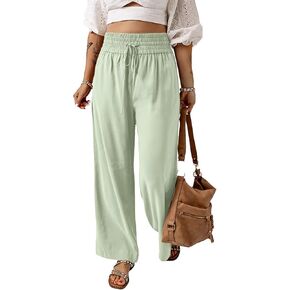 بنطال نسائي فضفاض بخصر مطاطي كاجوال بخصر عالٍ برباط مع جيوب in Kuwait