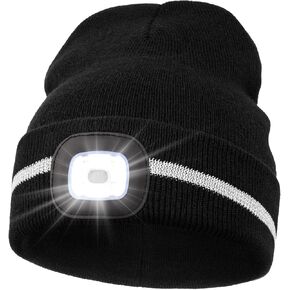 MELASA Reflective Stripe LED Beanie Safety High Visibility Winter Hat with Light for Outdoor Work Sports Gifts for Men Dad