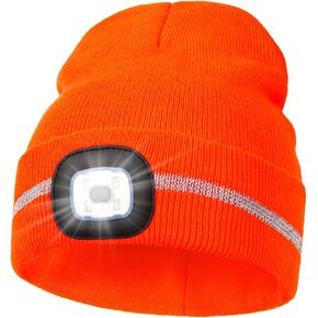 MELASA Reflective Stripe LED Beanie Safety High Visibility Winter Hat with Light for Outdoor Work Sports Gifts for Men Dad