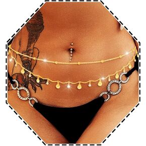 Boho Layered Waist Chain Gold Rhinestone Belly Chains Shell Beach Bikini Body Chain for Women