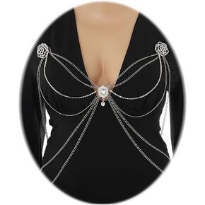 ELABEST Silver Body Chain Flower Buckle Body Chains Layered Rhinestone Bra Body Accessory for Women