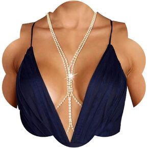 Urieo Sparkly Rhinestone Bra Chain Silver Crystal Chest Chains Layered Sexy Nightclub Beach Party Rave Body Chain for Women