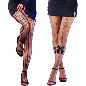 Sexy Fishnet Stockings Bow Transparent Pantyhose Lace Hight Waist Tights Mesh Stockings for Women2 Pairs
