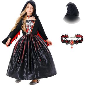 Spirit Halloween Kids Long Vampiress Costume, Gothic Halloween Vampiress Dress Cosplay, Hooded Dress Choker Necklace
