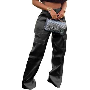 Women's Satin Cargo Wide Leg Pants Silky Dressy Relaxed Casual Pocketed Long Trouser