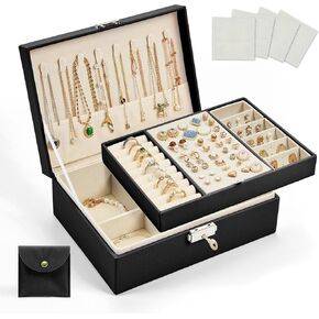 DreamGenius Jewelry Box with Security Latch, 3-Layer Glass Lid Jewelry Organizer for Women, Jewelry Storage with 2 Drawers for Earrings Organizer, Black