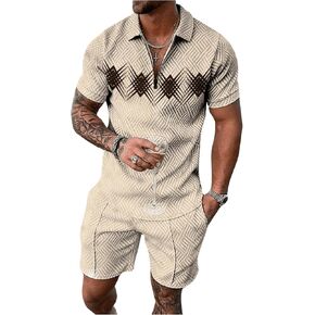 SOLY HUX Men's Casual 2 Piece Outfits Geometric Print Short Sleeve Half Zip T Shirt and Drawstring Shorts Set