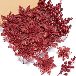 Zhuqing 22Pcs Christmas Poinsettia Artificial Flowers and Glitter Berries Stems Kit, 16Pcs Christmas Tree Flowers Ornaments and 6 Pack Christmas Tree Picks for Wedding Holiday Decorations (Champagne)