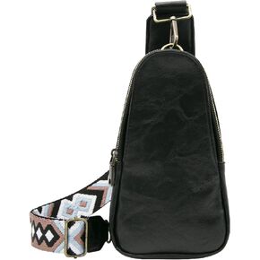 Long Keeper Sling Chest Bag for Women PU Leather Satchel Daypack Traveling Crossbody Bag With Bohemia Adjustable Strap